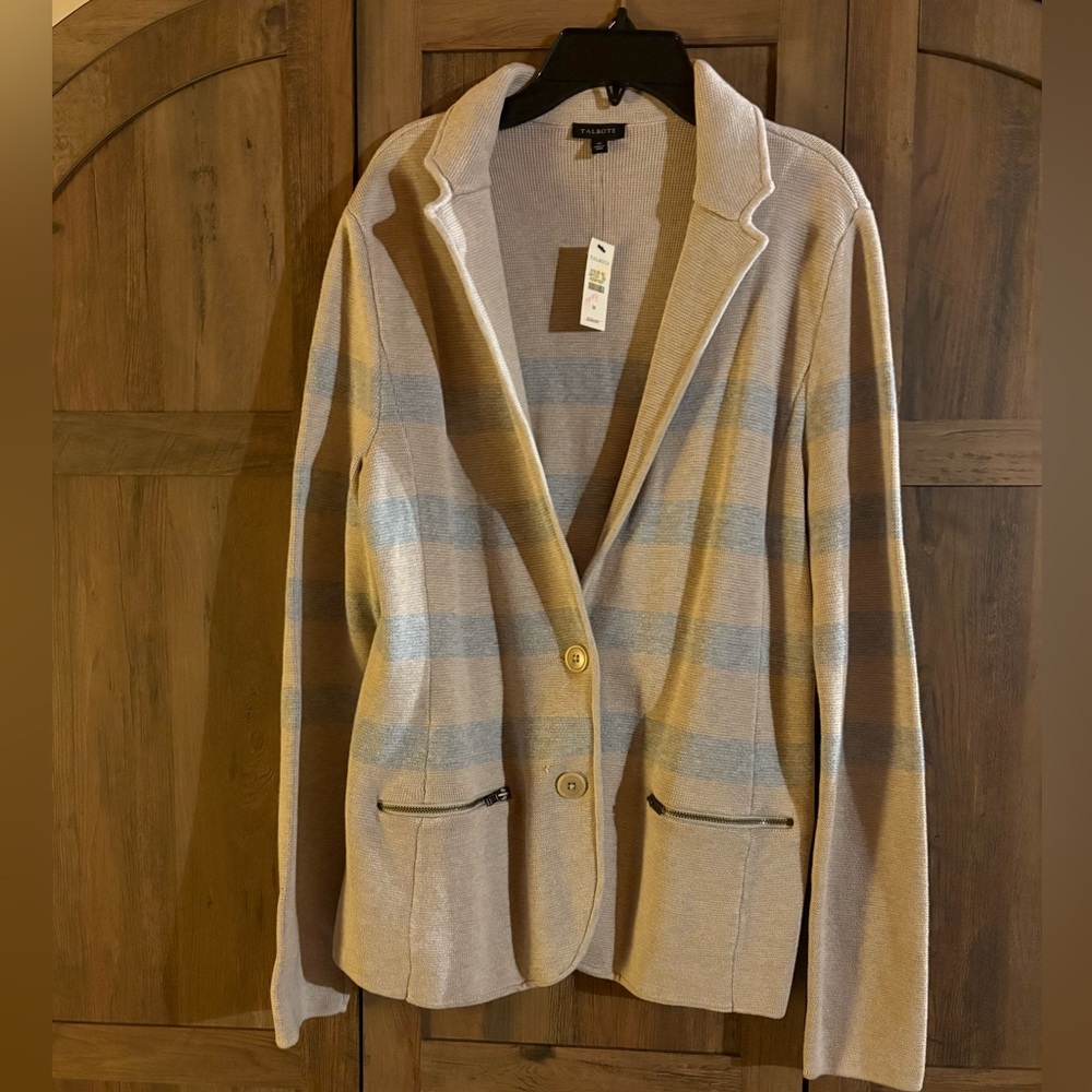NWT Talbots Beige and Teal Striped Knit Blazer